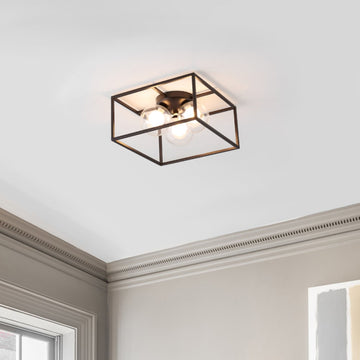 Kyle 14" 3-Light Modern Farmhouse Metal/Iron Open-Caged LED Flush Mount - JONATHAN Y